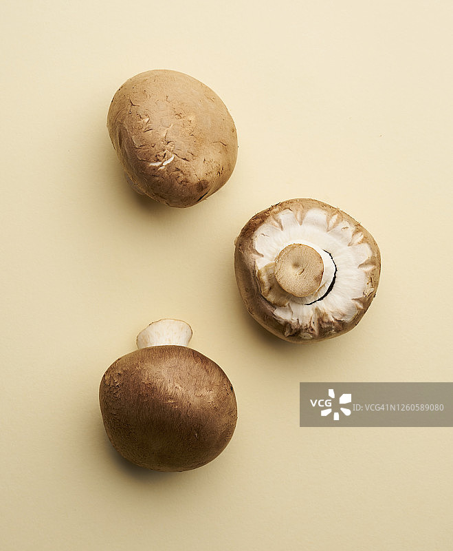 米色背景下拍摄的一组蘑菇（俯视）图片素材