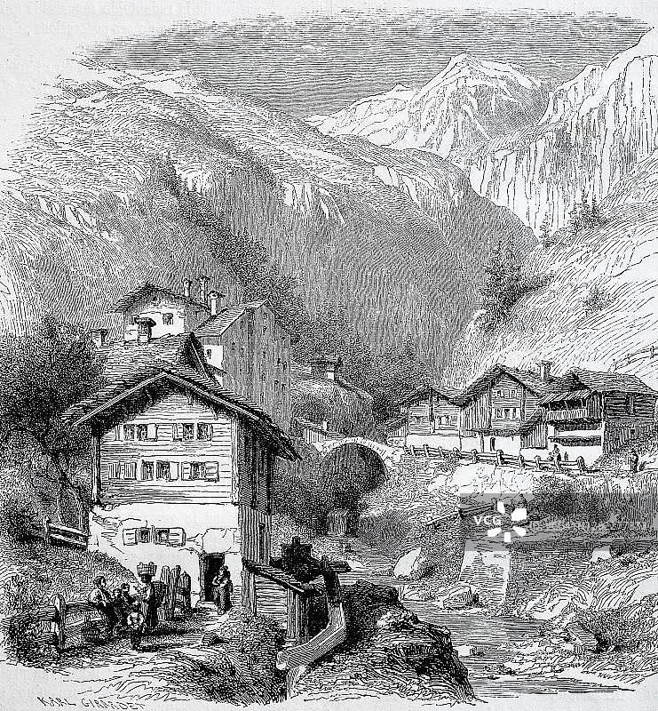 瑞士格劳宾登州斯普吕根市（1855年）图片素材
