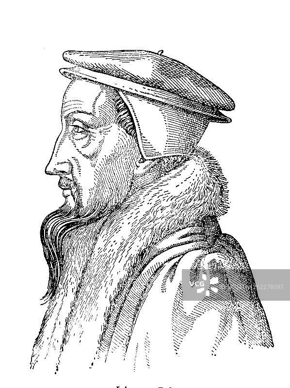 约翰·加尔文，让·加尔文；法国神学家、牧师和改革家，出生于热昂·科万，1890年图片素材