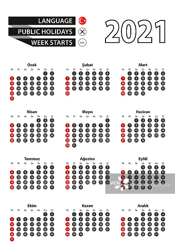 带有圆圈数字的土耳其2021年日历，星期日开始，带有土耳其国旗的2021年图片素材