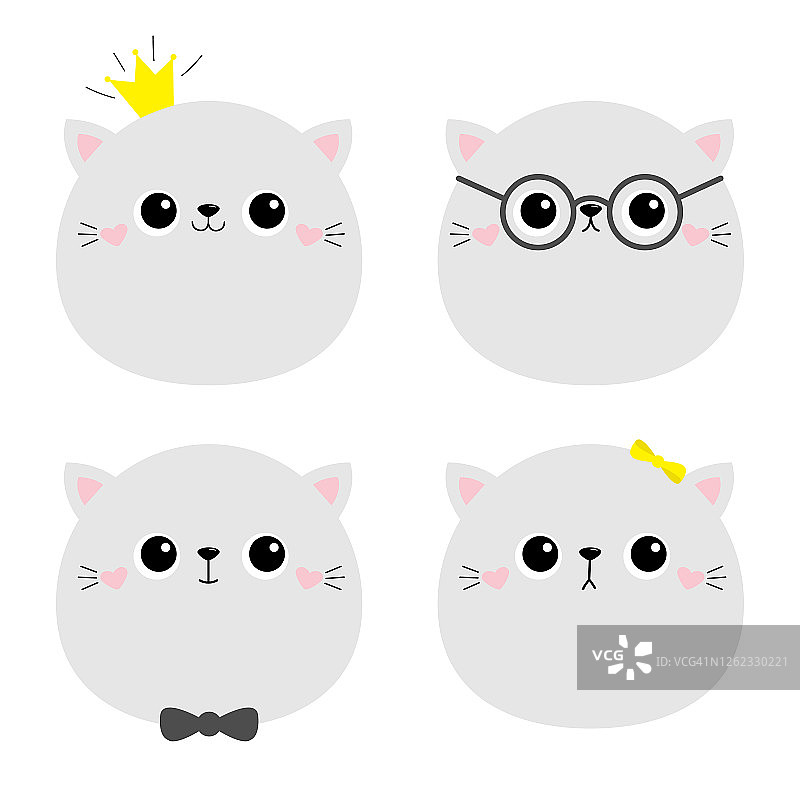 猫咪头像图标集。可爱的卡哇伊小猫动物。皇冠、眼镜、蝴蝶结、太阳镜。儿童印花海报、T恤。卡通滑稽宝贝。斯堪的纳维亚风格。扁平设计。白色背景。图片素材