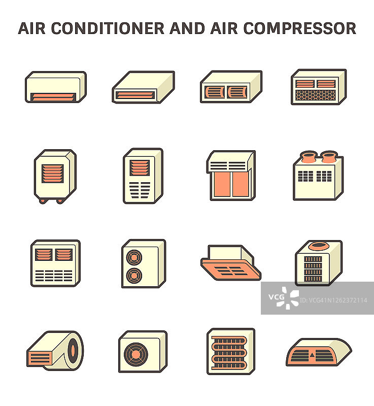 暖通空调系统的空调和空气压缩机矢量图标集设计图片素材