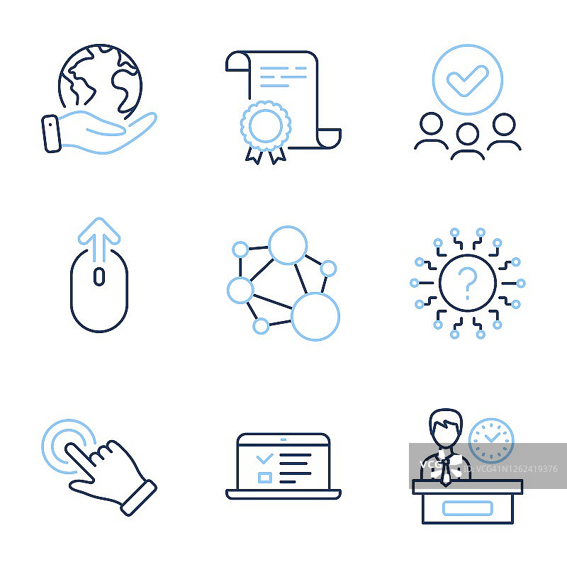 正直、向上滑动和演示时间图标集。触摸屏手势、问号和网络讲座标志。矢量图片素材