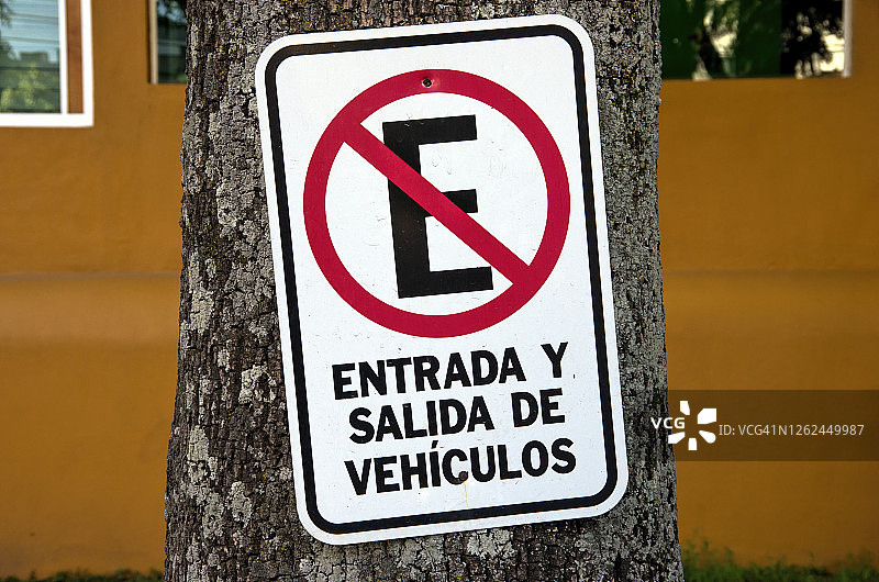 树干上的西班牙语标志：禁止停车，车辆出入口图片素材