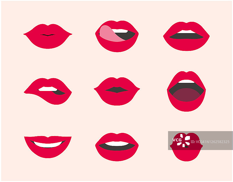 红色女性嘴唇集合。表达不同情绪的女性嘴唇集合。性感女性嘴唇的扁平风格矢量图。微笑，亲吻。 美容概念，波普艺术，潮流背景。图片素材