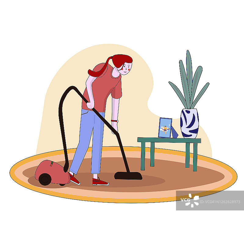 用吸尘器打扫卫生的家庭主妇卡通矢量插画图片素材