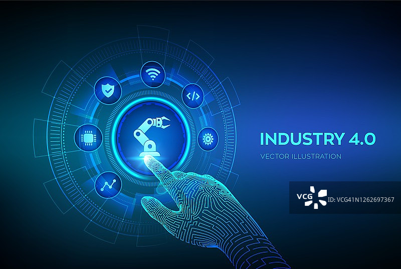 智能工业4.0概念：工厂自动化与自主工业技术，工业革命与机器人触控数字界面矢量图图片素材