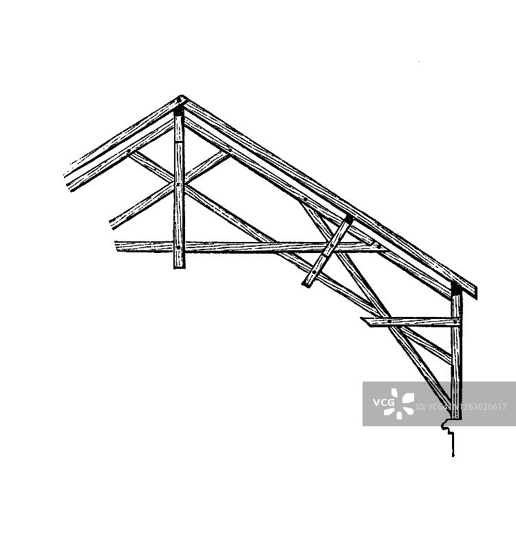 屋顶桁架、屋顶木结构古老雕刻插图图片素材
