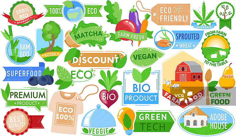 有机生态纯素标签，天然生物农场产品矢量图，卡通扁平生态天然贴纸印章徽章合集图片素材