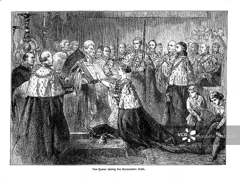 维多利亚女王加冕宣誓古董版画图片素材