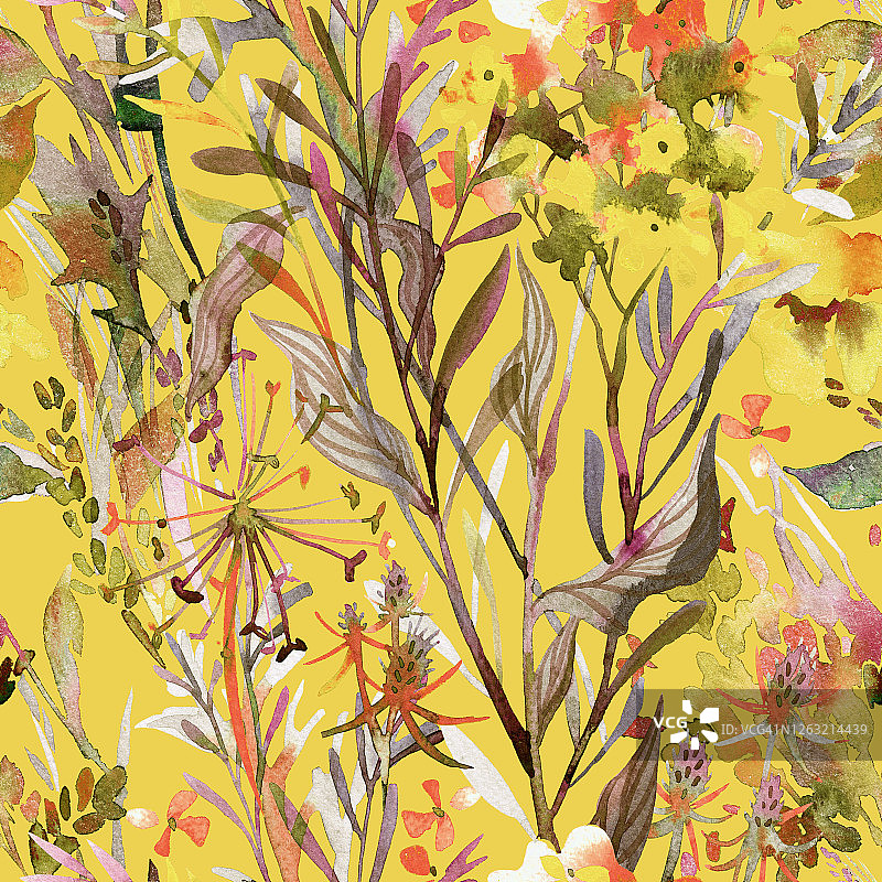 美丽的水彩花卉背景。大型盛开的花园花卉，草药，树叶和田间植物在复古风格。华丽的植物混合与温柔的粉彩颜色。水彩颜料纹理。图片素材
