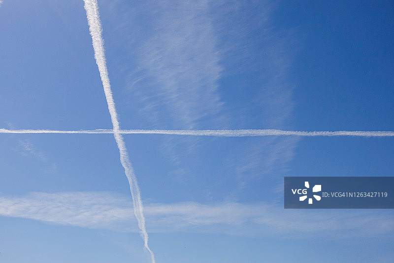 蓝色夏日天空中的两条凝结水痕图片素材