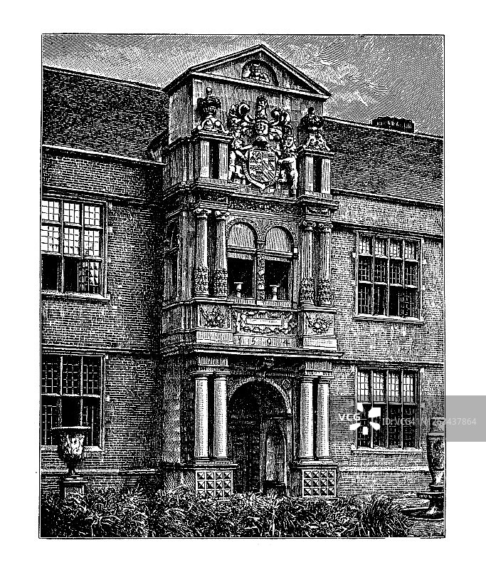 英国肯特郡科巴姆庄园都铎风格建筑老式版画图片素材