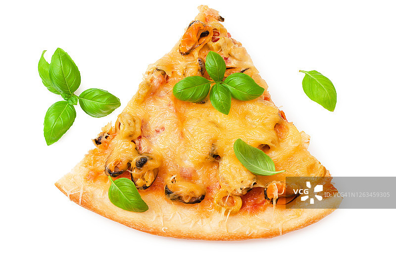 美味海鲜罗勒披萨切片图片素材