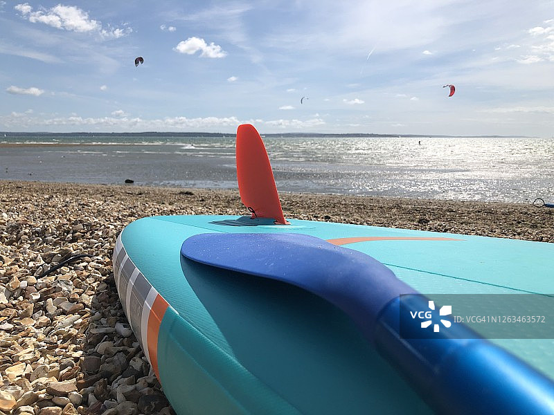 冲浪板和桨静置在岸边图片素材