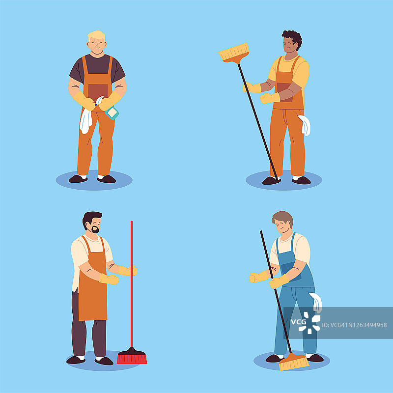 清洁工人、专业清洁人员和清洁设备合集图片素材