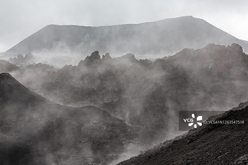 堪察加半岛火山景观：普洛斯基·托尔巴奇克火山的火山渣锥和熔岩平原图片素材