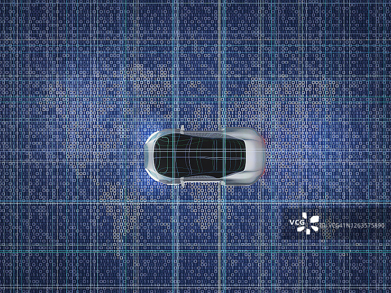 在由二进制代码组成的网络空间中行驶的自动智能汽车与世界地图图片素材