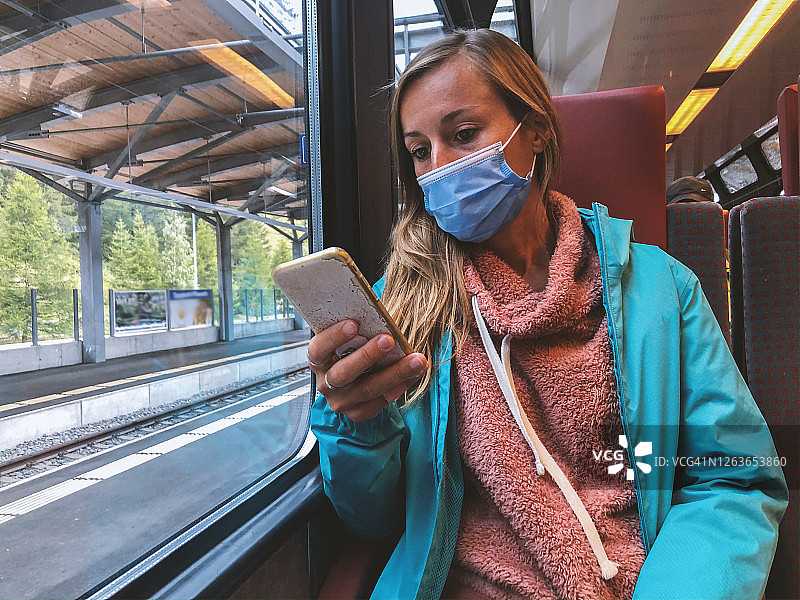 新冠疫情期间，在瑞士乘坐火车的戴口罩的年轻女人图片素材