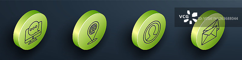 2.5D显示器聊天消息通知、位置邮件、创建帐户屏幕和信封图标矢量素材图片素材