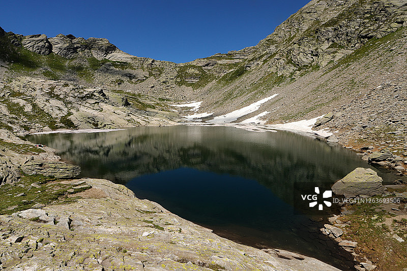 阳光下的高山湖泊图片素材