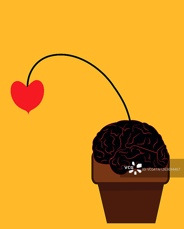 心形干花插画，花盆中装有土壤，形似大脑图片素材