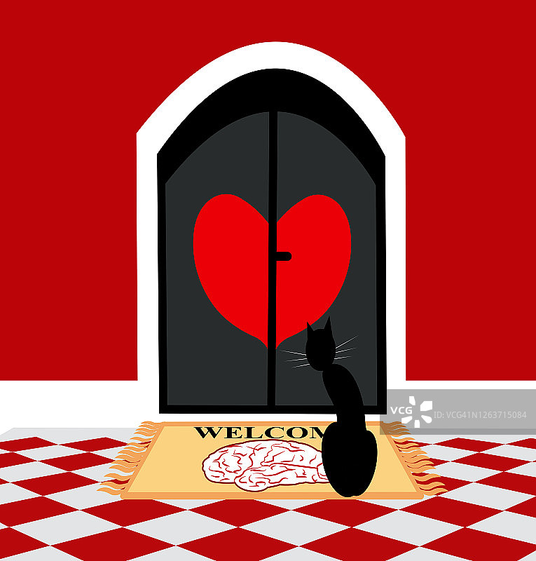 等待进入房子的猫和带有大脑图案的地毯插画图片素材