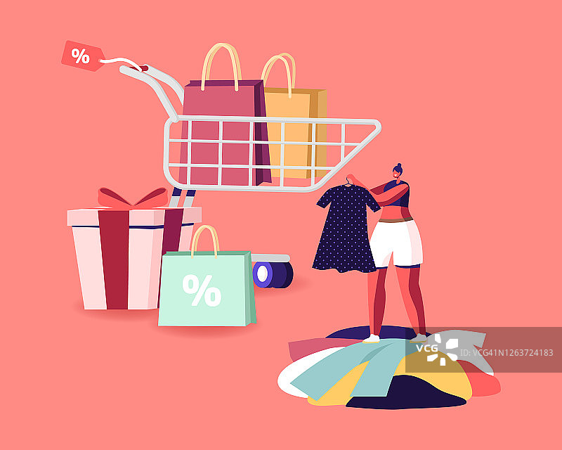 季节性促销折扣券概念：快乐的购物狂女人推着装满商品和礼物的购物车图片素材