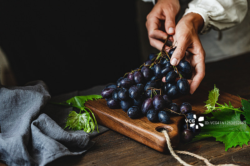 女人拿着一串黑色葡萄的特写镜头图片素材