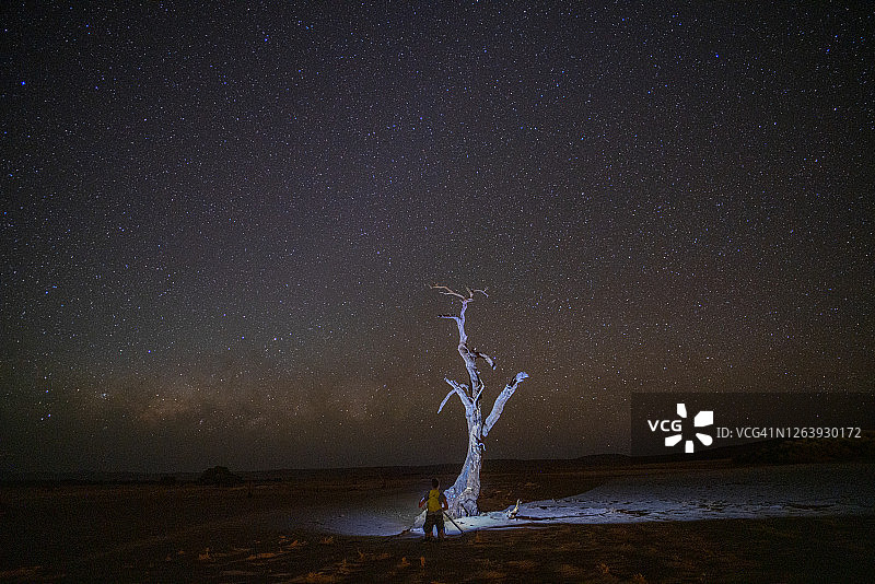 在沙漠中观察星空的男人图片素材