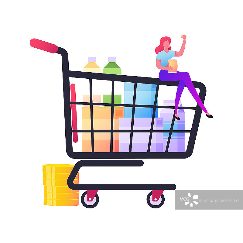 坐在大型购物车上吃薯条的迷你女人，在商店购物的顾客图片素材