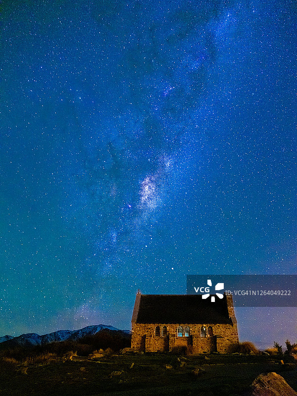 银河系和砖石教堂，好牧人教堂，新西兰特卡波图片素材