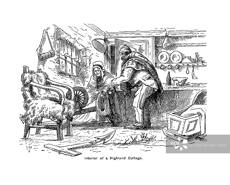 高地小屋内部雕刻插图图片素材