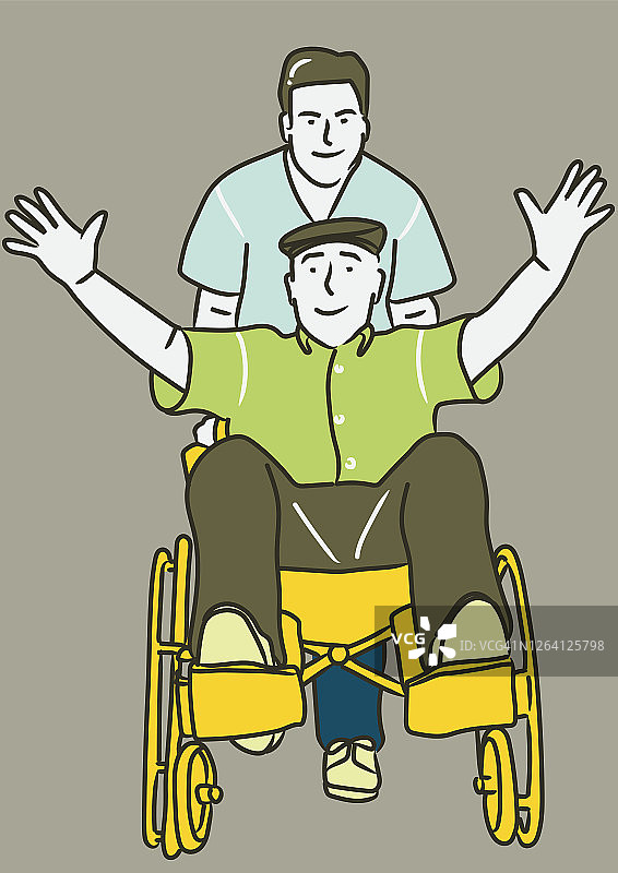 儿子为父亲推轮椅图片素材