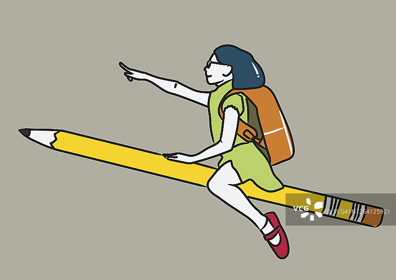 在铅笔上高飞的女孩图片素材