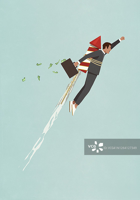 乘坐火箭加速上升的商人图片素材