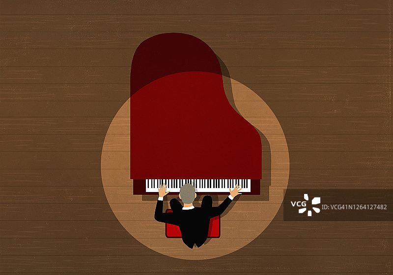 聚光灯下在舞台上用三角钢琴演奏的演唱会钢琴家图片素材