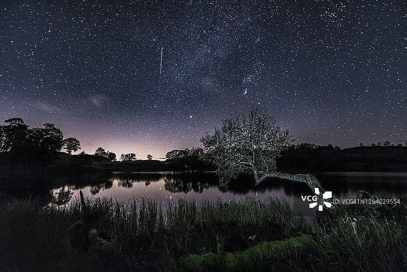英国湖区安布尔赛德洛里格潭上的流星图片素材