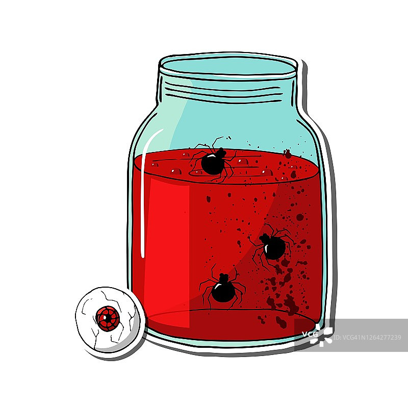 万圣节派对血浆罐（带蜘蛛），节日恐怖装饰元素，白色背景矢量卡通插画图片素材