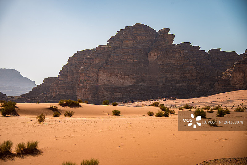 约旦瓦迪拉姆沙漠塔岩层和绿色植物图片素材