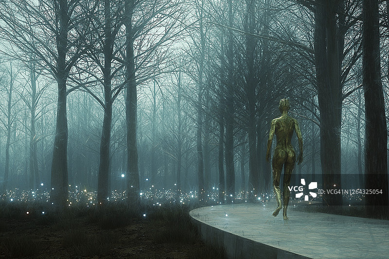 行走在森林中的半机械人图片素材