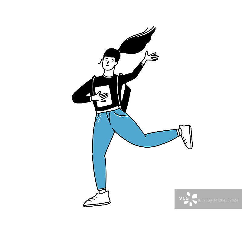 扎着马尾辫的快乐女孩拿着书，跑步并挥手。快乐的大学生矢量图。简单的涂鸦人物插图。图片素材