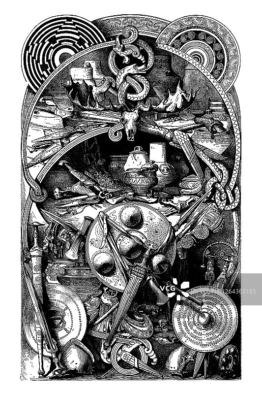 石器时代和青铜时代工具、武器和设备旧版雕刻插图，北欧文化图片素材