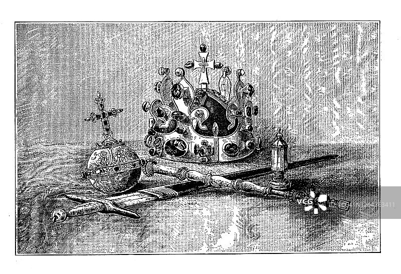 波西米亚王冠珠宝古董雕刻插图：圣瓦茨拉夫王冠，捷克王冠珠宝图片素材