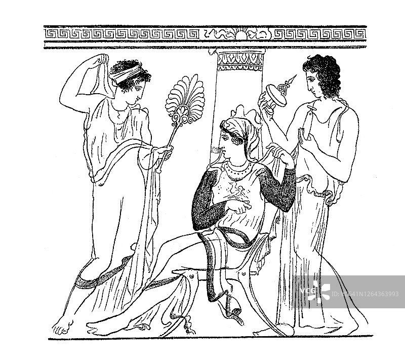 希腊家庭生活古老雕刻插图图片素材