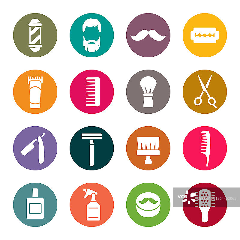 理发店标志、配件和设备彩色矢量图标图片素材