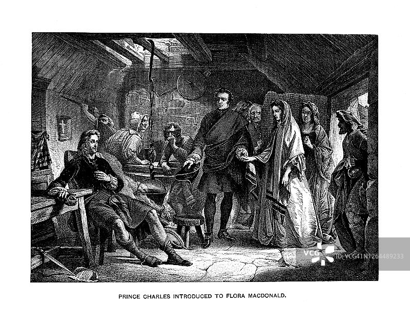 卡洛登战役后，弗洛拉·麦克唐纳被介绍给查尔斯·爱德华王子古老雕刻插图图片素材