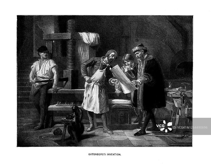 约翰内斯·古腾堡肖像，古腾堡印刷机图片素材