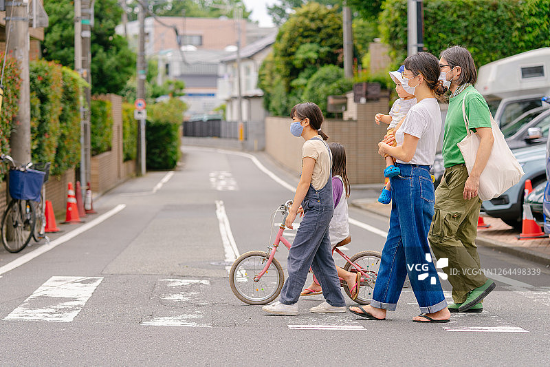 一家人戴着防护口罩在城市街道上散步，预防疾病传播图片素材