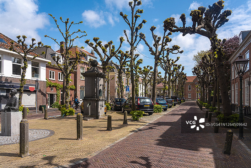 荷兰南荷兰省诺德韦克历史街区树木成荫的鹅卵石人行道图片素材